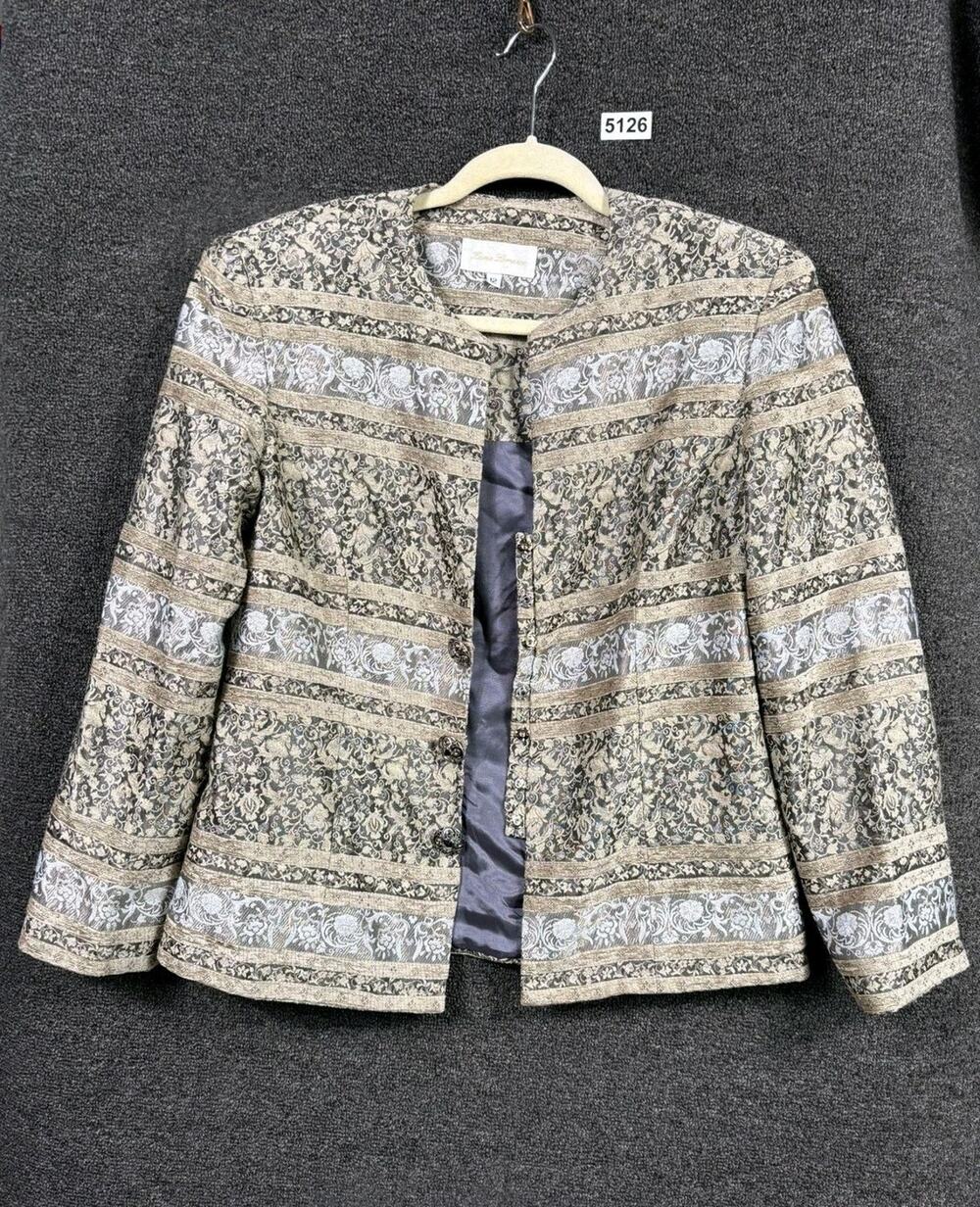 Karen Lawrence Jacket Womens 12 Beige Black Brocade Jacquard Made in USA Evening